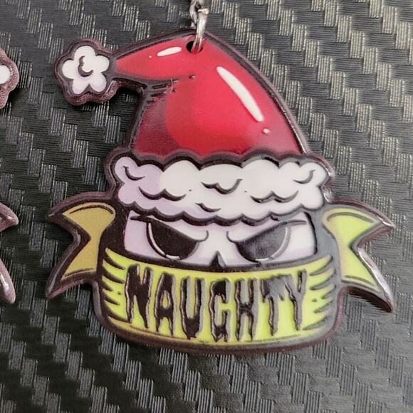 Naughty creepy Santa acrylic Christmas earrings, double sided pattern - Picture 3 of 3